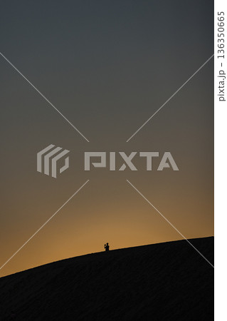 日本　鳥取県鳥取市福部町にある鳥取砂丘の馬の背にのる人のシルエットと夕焼け空 136350665