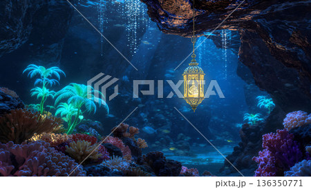 Magical underwater scene featuring a glowing lantern illuminating a coral reef in a mysterious cave. Dreamy and serene. 136350771