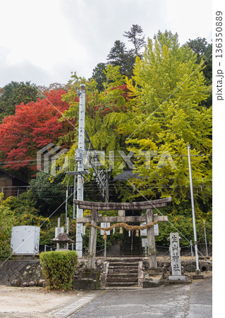 日本　鳥取県日野郡日南町にある境内の中に線路がある生山神社と紅葉 136350889