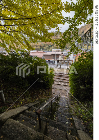 日本　鳥取県日野郡日南町にある境内の中に線路がある生山神社と紅葉 136350896