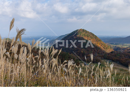 日本　鳥取県西伯郡大山町にある豪円山のろし台から眺める風景と紅葉した木々 136350921