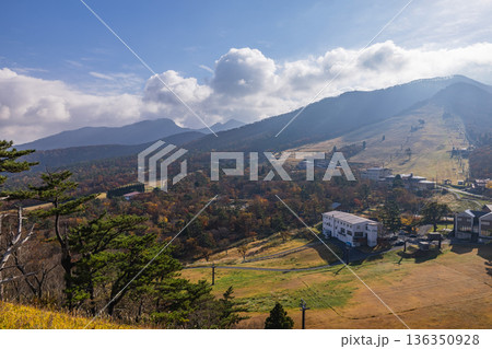 日本 鳥取県西伯郡大山町にある豪円山のろし台から眺める太陽に照らされた大山の紅葉した木々 日本 鳥取県西伯郡大山町にある豪円山のろし台から眺める太陽に照らされた大山の紅葉した木々 136350928