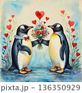 AI Generative. A romantic encounter. A penguin gives his girlfriend a bouquet of flowers. Concept of love. Watercolor illustration style. 136350929