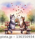 AI Generative. A romantic encounter on a park bench. A cat gives his girlfriend a bouquet of flowers. Concept of love. Watercolor illustration style. 136350934