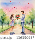 AI Generative. A romantic encounter on a park path. A young man gives a girl flowers. Concept of love. Watercolor illustration style. 136350937