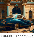 Vintage muscle car parked against the backdrop of a retro building. AI generative 136350943