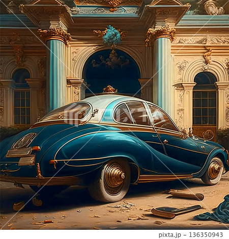 Vintage muscle car parked against the backdrop of a retro building. AI generative 136350943