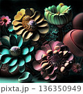 AI image, paper art style with flowers.  An abstract picture made of paper flowers 136350949