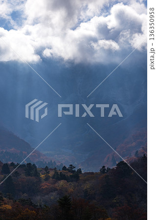 日本 鳥取県西伯郡大山町にある豪円山のろし台から眺める太陽に照らされた大山の紅葉した木々 日本 鳥取県西伯郡大山町にある豪円山のろし台から眺める太陽に照らされた大山の紅葉した木々 136350958
