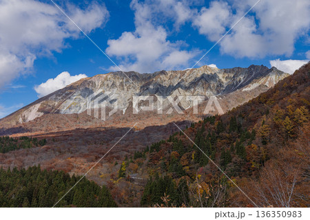 日本　鳥取県日野郡江府町にある鍵掛峠から眺める大山の南壁と紅葉した木々 136350983