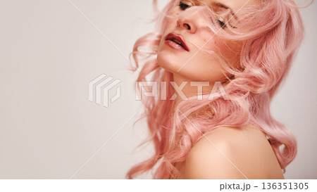Soft Pastel Beauty Portrait Caucasian Woman With Pink Hair, Avantgarde Model, Tender Soft Girl, Windswept Curls, Glossy Lips, Dewy Skin, Intimate Closeup, Sensual Gaze, Delicate Texture And Trendy 136351305
