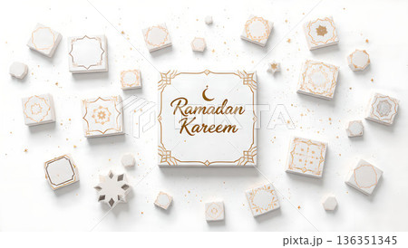 Festive Ramadan Kareem design featuring geometric tiles and a crescent moon. Ideal for greeting cards and social media posts. 136351345