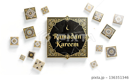 Elegant Ramadan Kareem greeting card featuring a black and gold design surrounded by decorative Islamic tiles, conveying festive wishes. 136351346