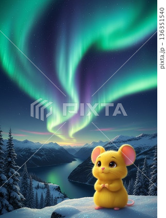 キレイなオーロラを見ている黄色いマウス 136351540