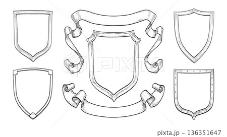 Hand-drawn heraldic shields with ribbons 136351647