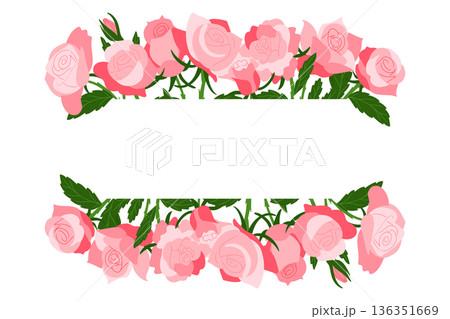 Hand drawn vector floral frame with pink roses and green leaves arranged as top and bottom borders isolated on white background. This illustration represents love, romance, wedding design Hand drawn vector floral frame with pink roses and green leaves arranged as top and bottom borders isolated on white background. This illustration represents love, romance, wedding design 136351669