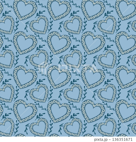 Hand drawn vector seamless pattern with blue folk style hearts and decorative branches on pastel background. This illustration represents love, wedding tradition, romance and decorative textile 136351671