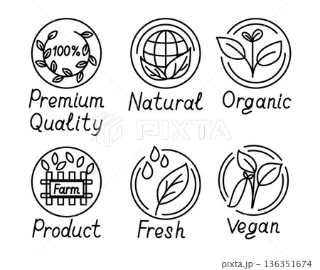 Hand drawn eco label icon set with premium quality, natural, organic, farm product, fresh and vegan symbols in clean line style isolated on white background. Represents sustainability, lifestyle 136351674
