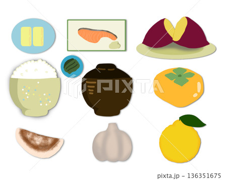 秋の味覚といろんな食べ物のイラスト 136351675
