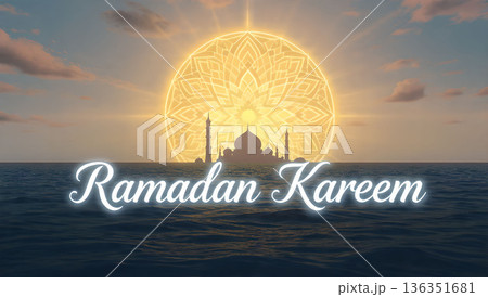 Beautiful Ramadan Kareem background featuring the Taj Mahal silhouette against a glowing sun and ocean horizon. 136351681