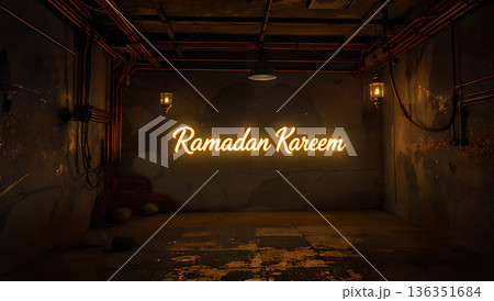 Ramadan Kareem neon sign glowing in a dark, grungy room. Festive and spiritual background for the holiday. 136351684