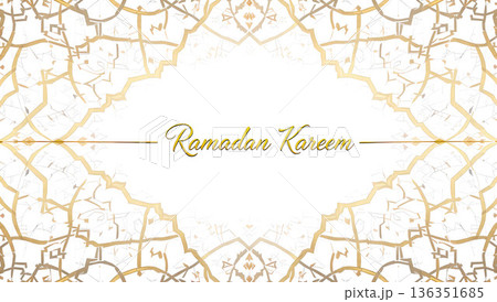Ramadan Kareem greeting card with golden arabesque pattern. Islamic holiday background for banners, posters, and invitations. Ramadan Kareem greeting card with golden arabesque pattern. Islamic holiday background for banners, posters, and invitations. 136351685