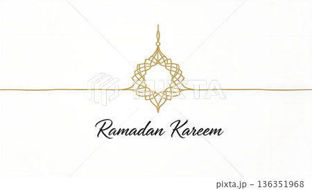 Minimalist Ramadan Kareem greeting card with golden geometric design on white background. Perfect for festive wishes. 136351968