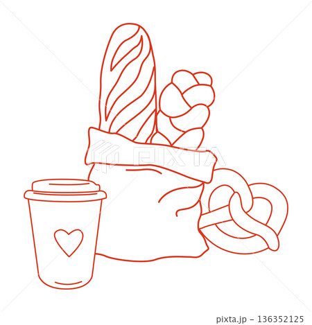 Hand-drawn bread loaves such as baguette and braided bread and takeaway paper coffee cup and pretzel composition for bakery Hand-drawn bread loaves such as baguette and braided bread and takeaway paper coffee cup and pretzel composition for bakery 136352125