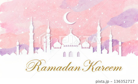 Elegant Ramadan Kareem illustration featuring a watercolor mosque silhouette against a pastel sky with a crescent moon. 136352717