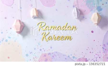 Elegant Ramadan Kareem background with hanging lanterns. Soft pastel colors create a peaceful and festive atmosphere for the holy month. 136352721
