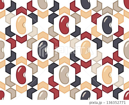 Seamless geometric pattern of kidney beans on hexagonal grid. Minimalist vector icons, flat design on transparent background. Perfect for food packaging, organic labels, textile prints. Seamless geometric pattern of kidney beans on hexagonal grid. Minimalist vector icons, flat design on transparent background. Perfect for food packaging, organic labels, textile prints. 136352771