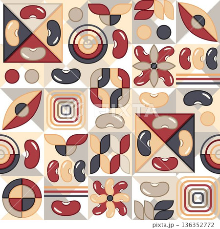 Seamless repeating mosaic pattern of stylized kidney beans in geometric flat design with abstract geometric shapes. For organic food packaging, product branding, eco friendly labels, textile prints Seamless repeating mosaic pattern of stylized kidney beans in geometric flat design with abstract geometric shapes. For organic food packaging, product branding, eco friendly labels, textile prints 136352772