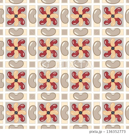 Seamless geometric pattern of colorful kidney beans on checkered square grid. Minimalist vector icons, flat simple design. Suitable for food packaging, organic labels, textile prints. Seamless geometric pattern of colorful kidney beans on checkered square grid. Minimalist vector icons, flat simple design. Suitable for food packaging, organic labels, textile prints. 136352773
