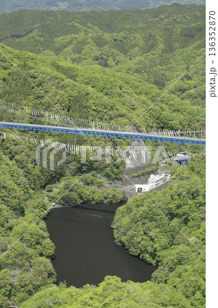 赤岩展望台から望む、新緑に包まれ、無数の鯉のぼりに彩られた竜神大吊橋 136352870