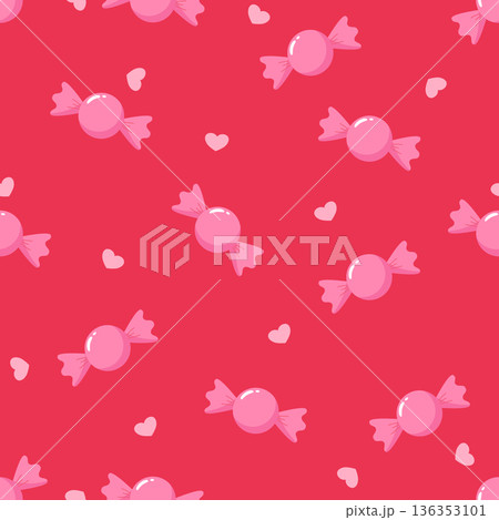Pink Candy Seamless Pattern with Hearts, Sweet Strawberry Wrapped Candies Vector Background for Valentine's and Kids Pink Candy Seamless Pattern with Hearts, Sweet Strawberry Wrapped Candies Vector Background for Valentine's and Kids 136353101