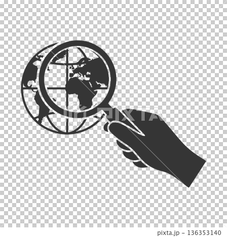 Silhouette icon of a hand holding a magnifying glass - Globe Silhouette icon of a hand holding a magnifying glass - Globe 136353140