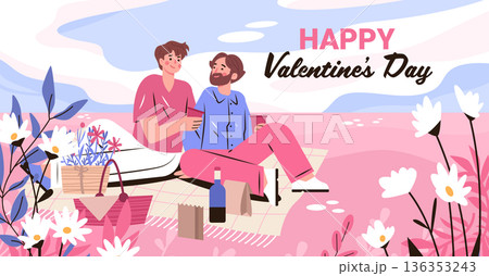 Male couple Valentines Day picnic gay LGBTQ romance in pink meadow with wine basket flowers hearts pastel sky floral frame vertical card template Male couple Valentines Day picnic gay LGBTQ romance in pink meadow with wine basket flowers hearts pastel sky floral frame vertical card template 136353243