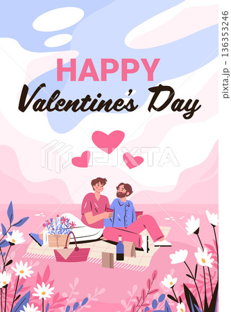 Male couple Valentines Day picnic gay LGBTQ romance on bench in pink landscape with wine basket flowers pastel sky meadow plants horizontal web banner template 136353246