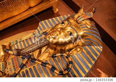 Golden Sarcophagus of Pharaoh Tutankhamun in Egyptian Museum. Burial artifact Golden Sarcophagus of Pharaoh Tutankhamun in Egyptian Museum. Burial artifact 136353306