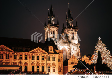 Church of Our Lady before Tyn illuminated at night in Prague. Gothic cathedral Church of Our Lady before Tyn illuminated at night in Prague. Gothic cathedral 136353441