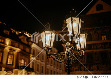 Old street lantern in European Prague old town as travel destination at night Old street lantern in European Prague old town as travel destination at night 136353443