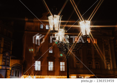 Old street lantern in European Prague old town as travel destination at night 136353459