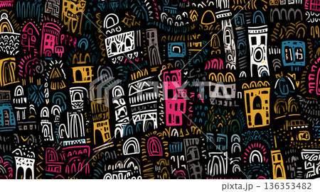 A playful, seamless pattern of stylized house doodles in bright pink, yellow, blue, and green, rendered in a chalk-like texture against a solid black background. 136353482