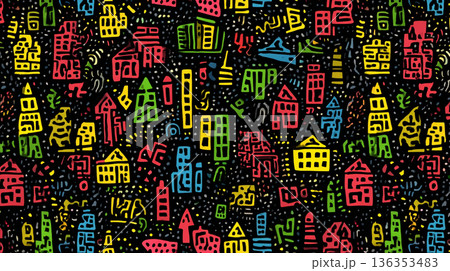 A playful, seamless pattern of stylized house doodles in bright pink, yellow, blue, and green, rendered in a chalk-like texture against a solid black background. 136353483