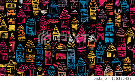A playful, seamless pattern of stylized house doodles in bright pink, yellow, blue, and green, rendered in a chalk-like texture against a solid black background. 136353488