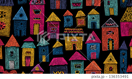 A playful, seamless pattern of stylized house doodles in bright pink, yellow, blue, and green, rendered in a chalk-like texture against a solid black background. 136353491