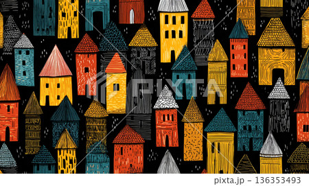 A playful, seamless pattern of stylized house doodles in bright pink, yellow, blue, and green, rendered in a chalk-like texture against a solid black background. A playful, seamless pattern of stylized house doodles in bright pink, yellow, blue, and green, rendered in a chalk-like texture against a solid black background. 136353493
