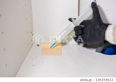 Professional applying cockroach bait gel from a syringe onto a trap in a kitchen cabinet, effectively combating pest infestation for home hygiene and sanitation 136354013