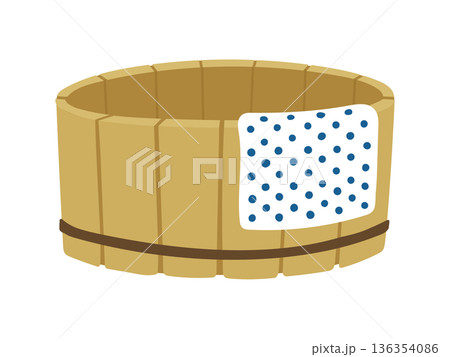 手ぬぐいが掛かった木製の桶のシンプルな和風イラスト 手ぬぐいが掛かった木製の桶のシンプルな和風イラスト 136354086