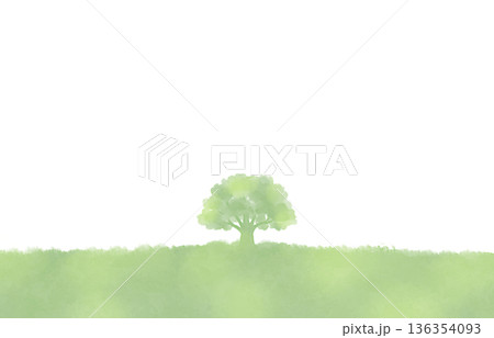 水彩風の草原と一本の木の背景　フレーム 136354093